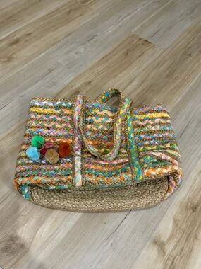 Colorful Braided Jute Tote Bag with Pom Accents